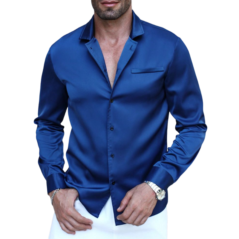 Men's Vintage Satin Solid Color Lapel Slim Fit Long Sleeve Shirt MTA0277D2M