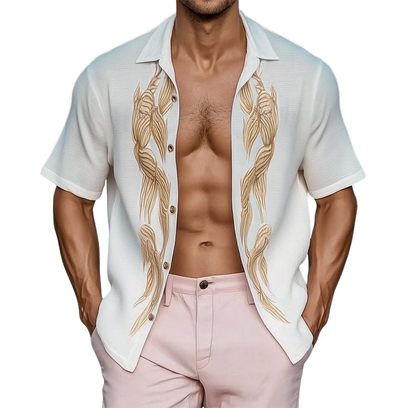 Men's Summer Gold Embroidery Loose Short Sleeve Shirt MTA1004D0U