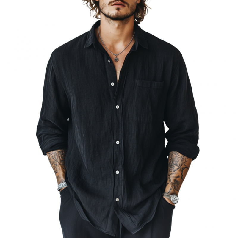 Men's Casual Breathable Linen Lapel Patch Pocket Loose Long Sleeve Shirt MTA0937D5M