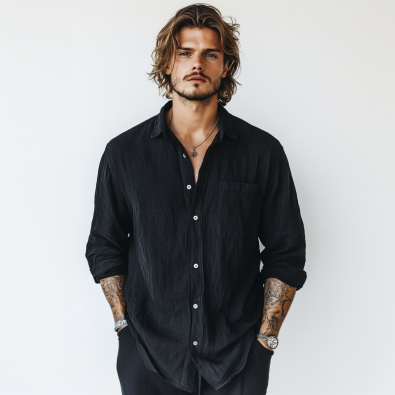 Men's Casual Breathable Linen Lapel Patch Pocket Loose Long Sleeve Shirt MTA0937D5M