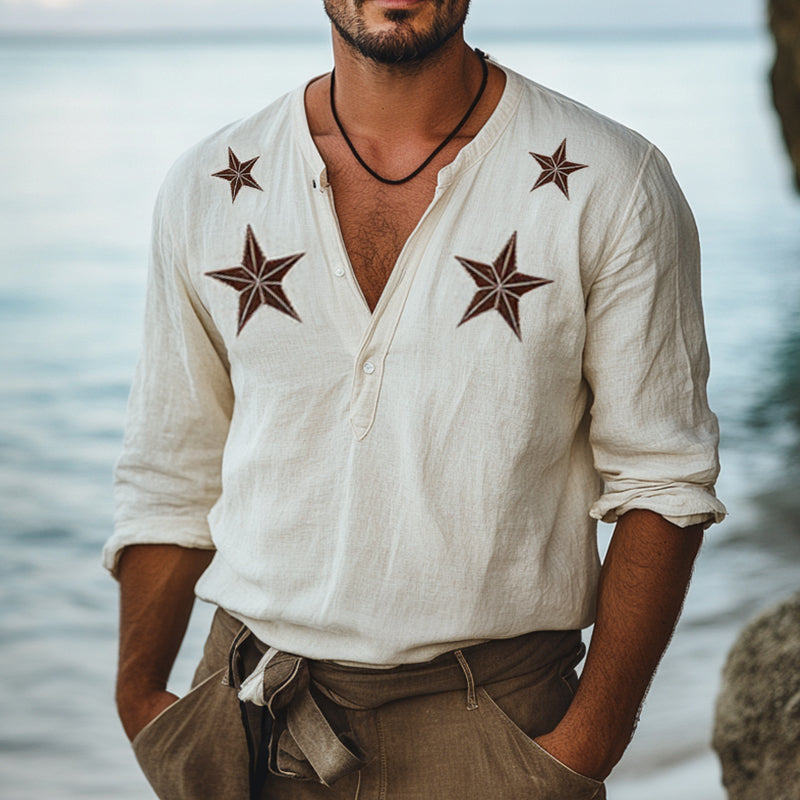 Men's Vintage Casual Star Embroidery Linen Henley Collar Long Sleeve Shirt MTA1018D5TO