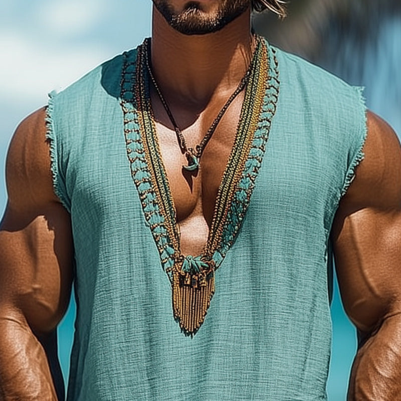 Men's Summer Deep V Neck Embroidered Cotton and Linen Tank Top MTA1055D8U