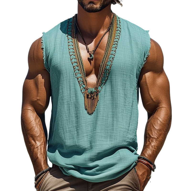 Men's Summer Deep V Neck Embroidered Cotton and Linen Tank Top MTA1055D8U