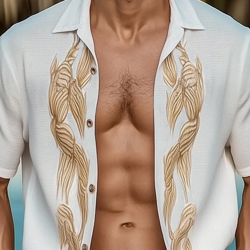 Men's Summer Gold Embroidery Loose Short Sleeve Shirt MTA1004D0U