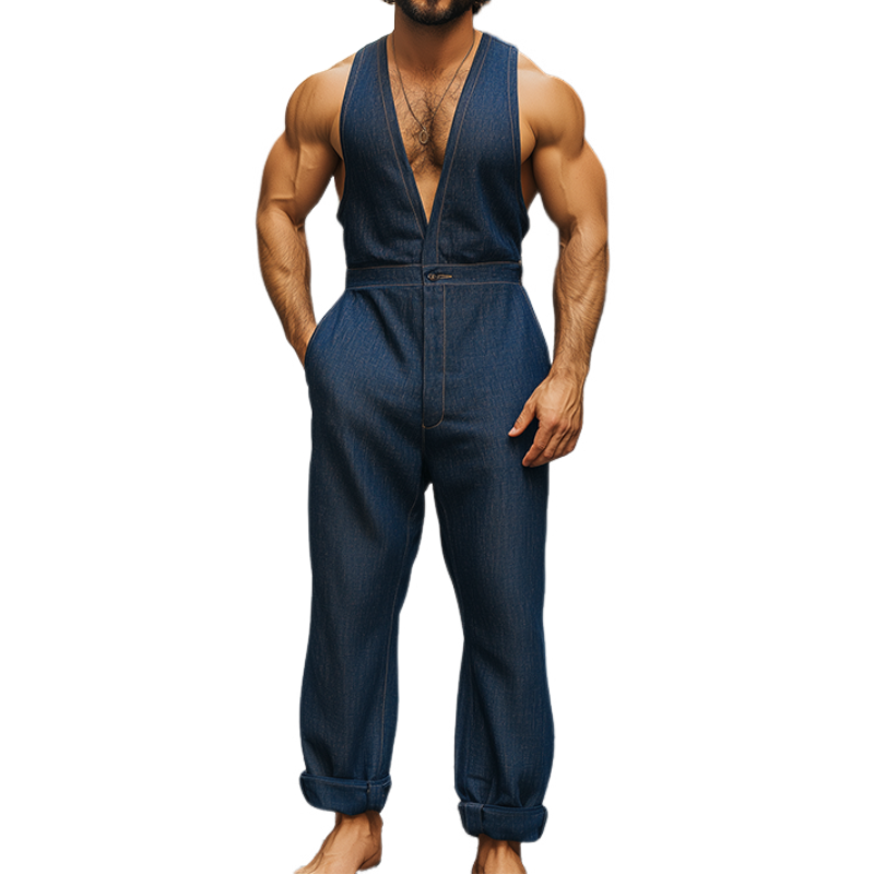 Vår- og sommermote for menn Uformell personlighet Tencel Denim Tank Top Jumpsuit MTA1050D6K