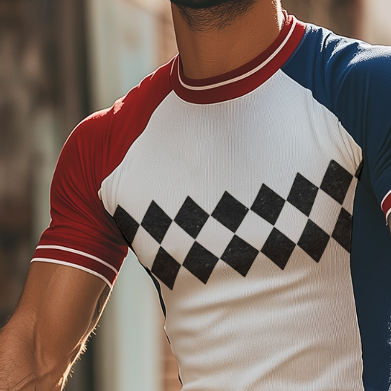 Men's Retro Sports Diamond Print Colorblock Round Neck Short Sleeve T-Shirt MTA1048D9TO