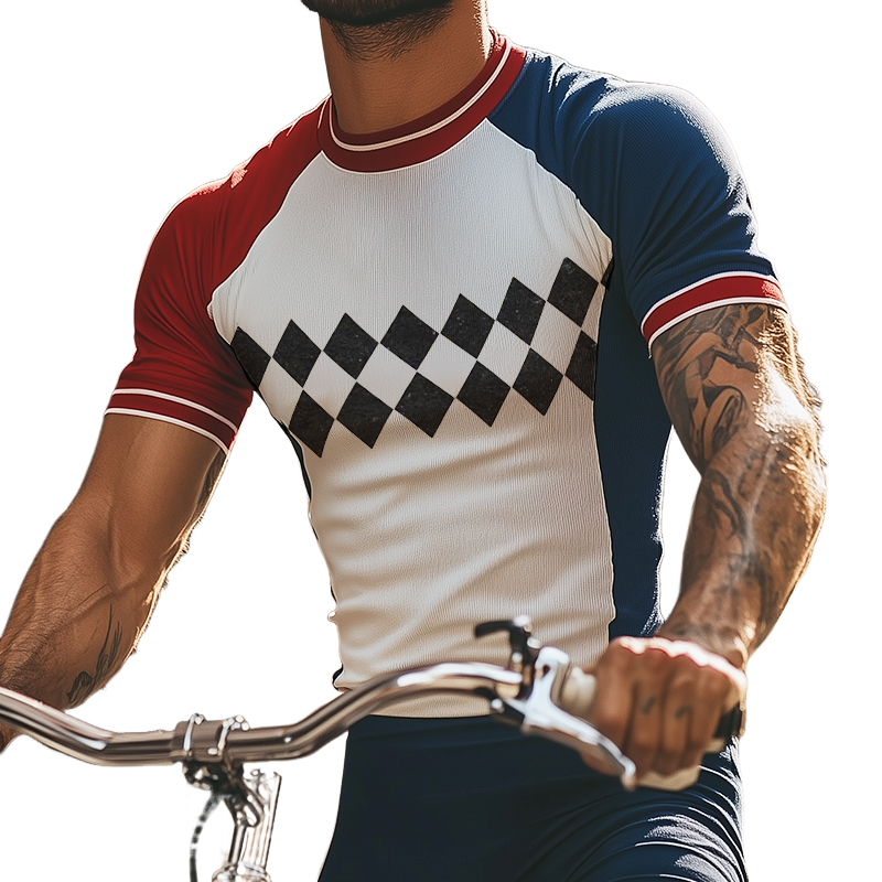Men's Retro Sports Diamond Print Colorblock Round Neck Short Sleeve T-Shirt MTA1048D9TO
