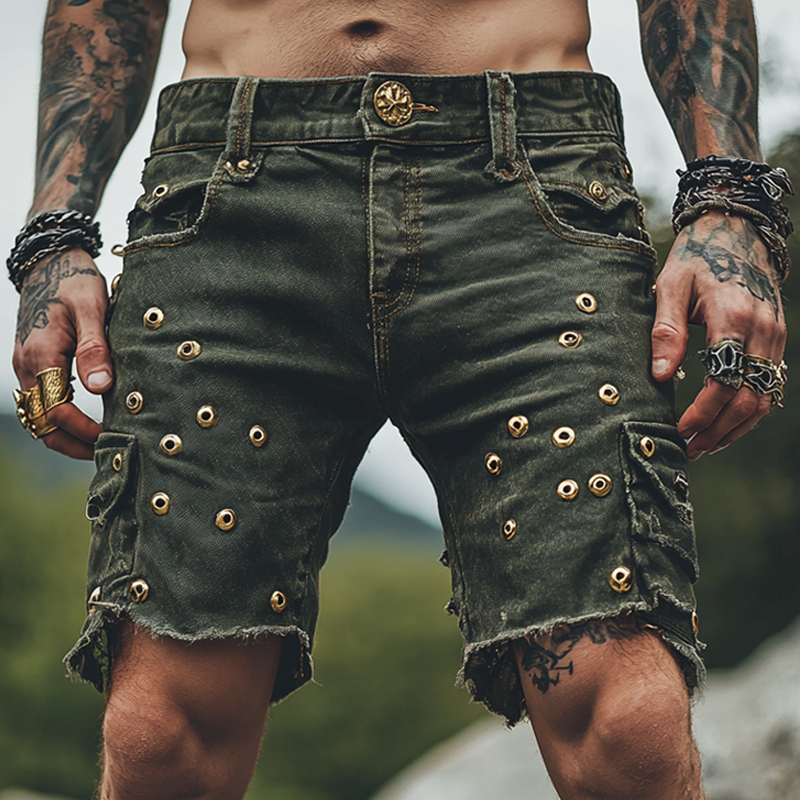 Men's Gothic Vintage Gold Metal Rivet Decor Denim Shorts MTA1078D3Z