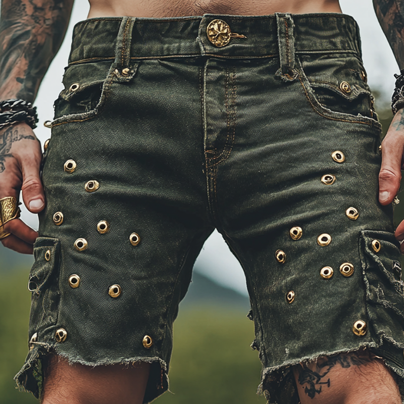 Men's Gothic Vintage Gold Metal Rivet Decor Denim Shorts MTA1078D3Z