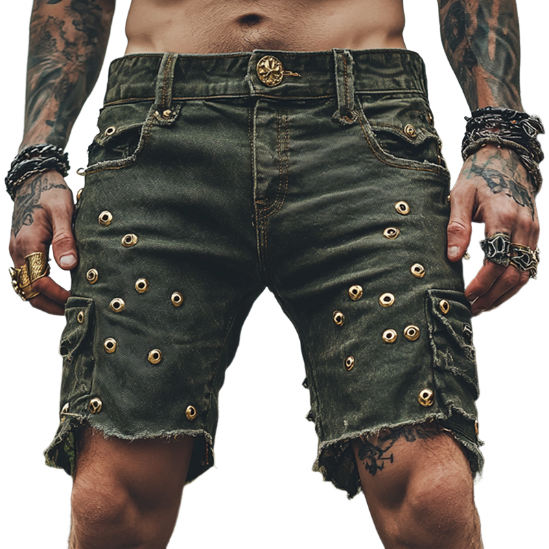 Men's Gothic Vintage Gold Metal Rivet Decor Denim Shorts MTA1078D3Z
