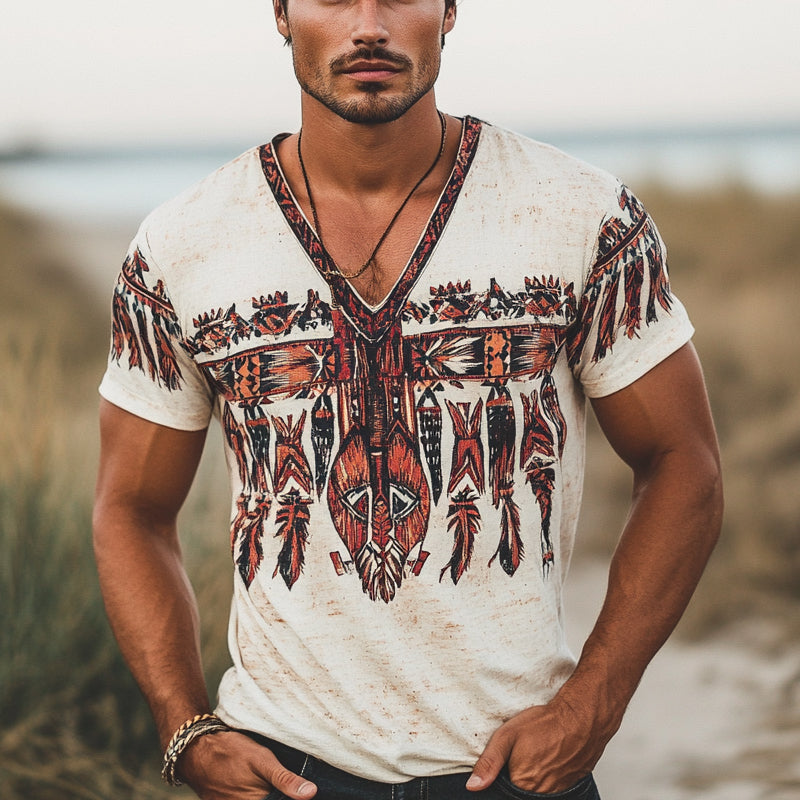 Men's Vintage Feather Short Sleeve V Neck T-Shirt MTA1178D8X