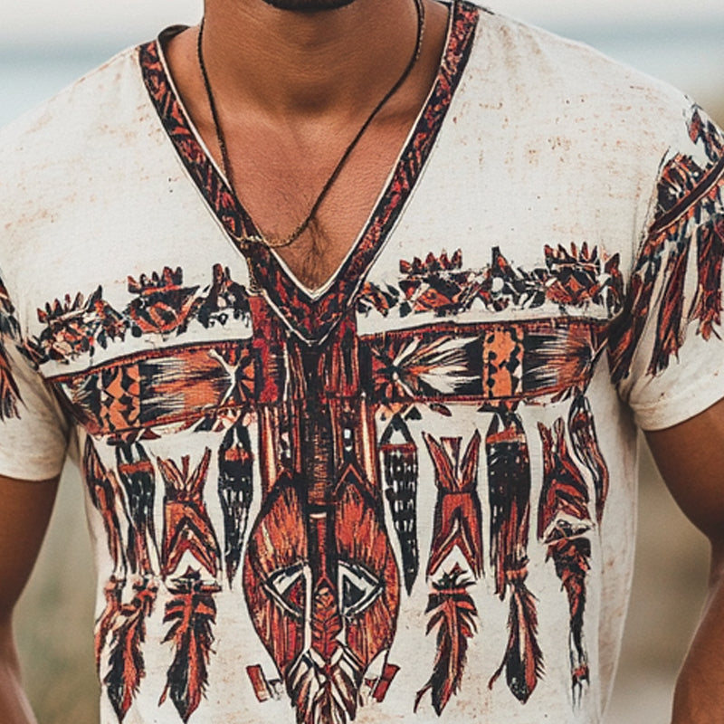 Men's Vintage Feather Short Sleeve V Neck T-Shirt MTA1178D8X