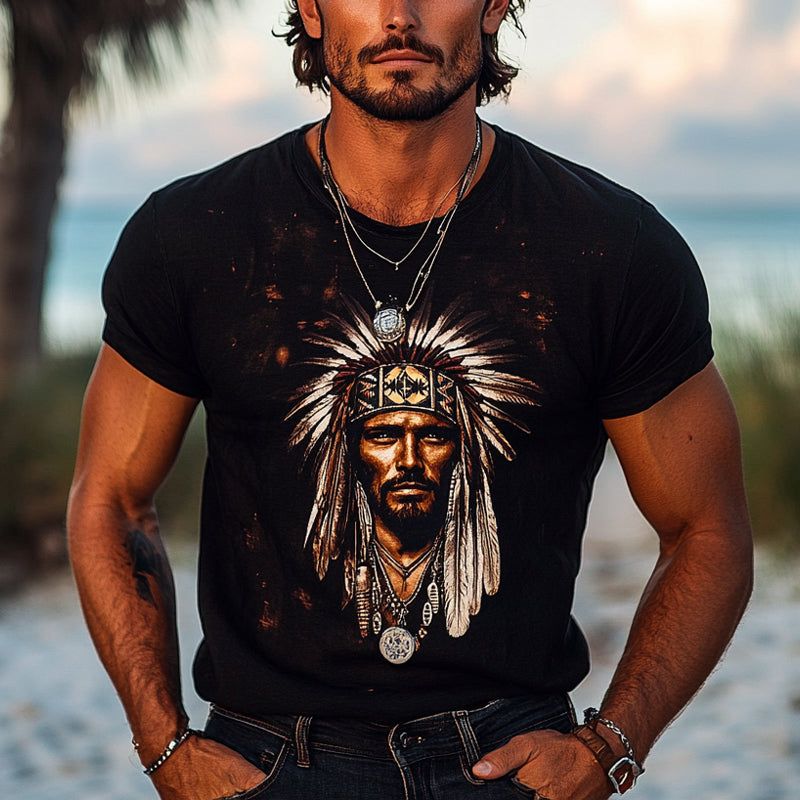 Men's Vintage Aboriginal Printed Round Neck Short Sleeve T-Shirt MTA1107D9X