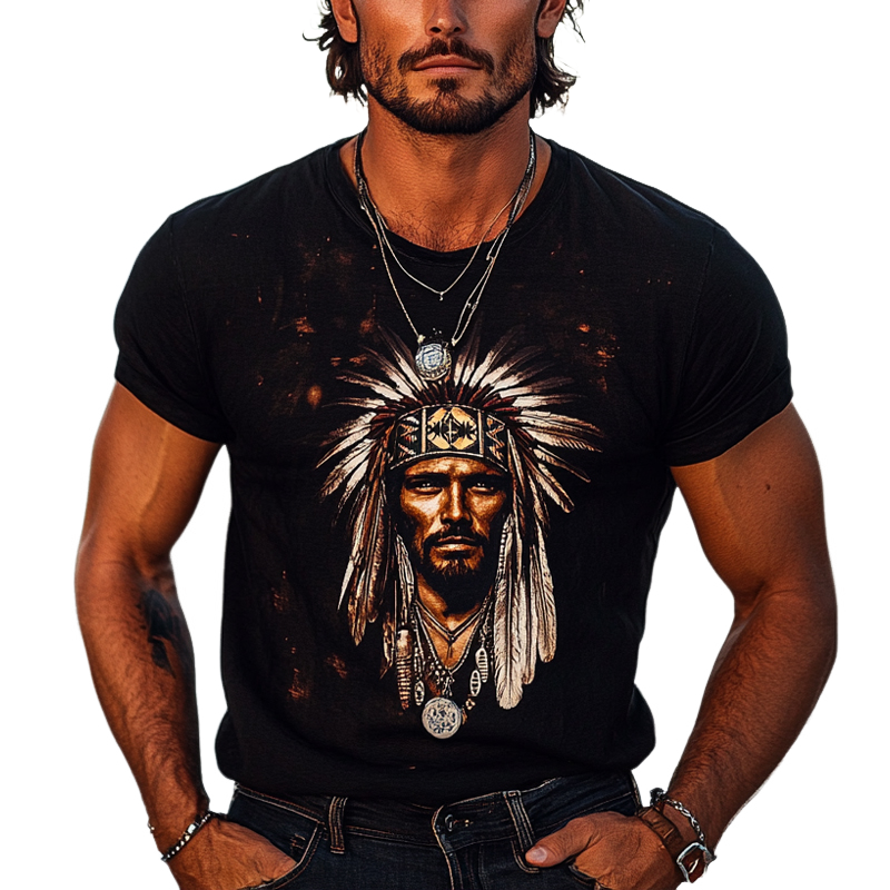 Men's Vintage Aboriginal Printed Round Neck Short Sleeve T-Shirt MTA1107D9X