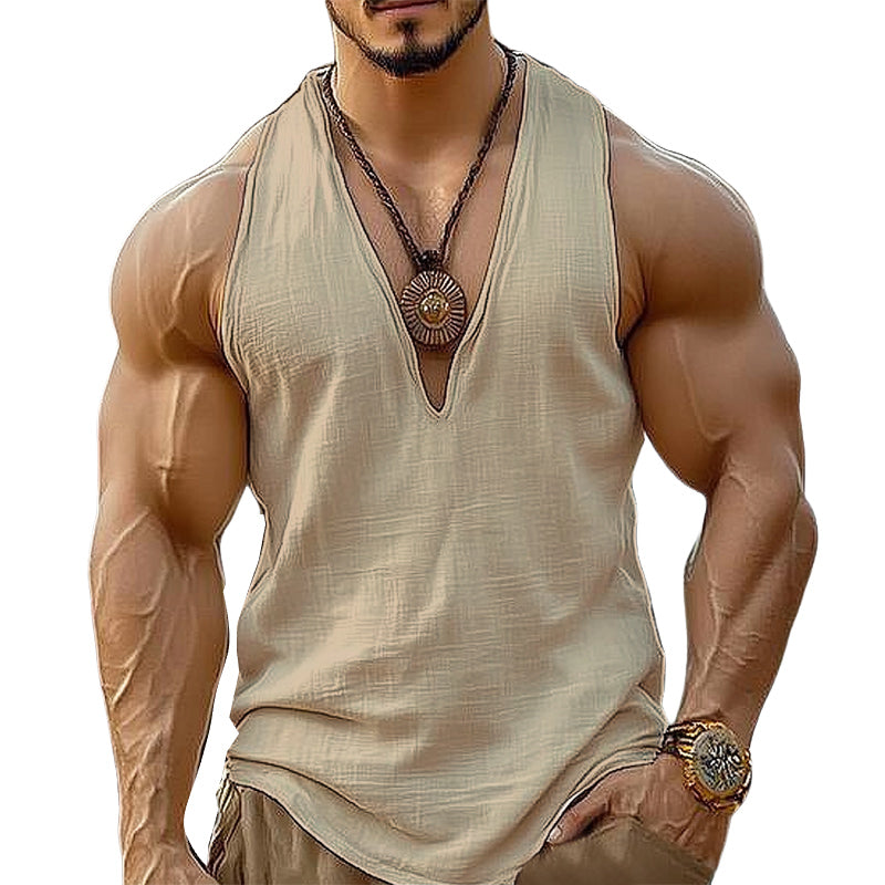 Men's Summer Basic Cotton Solid Color V-Neck Tank Top MTA1199D2U