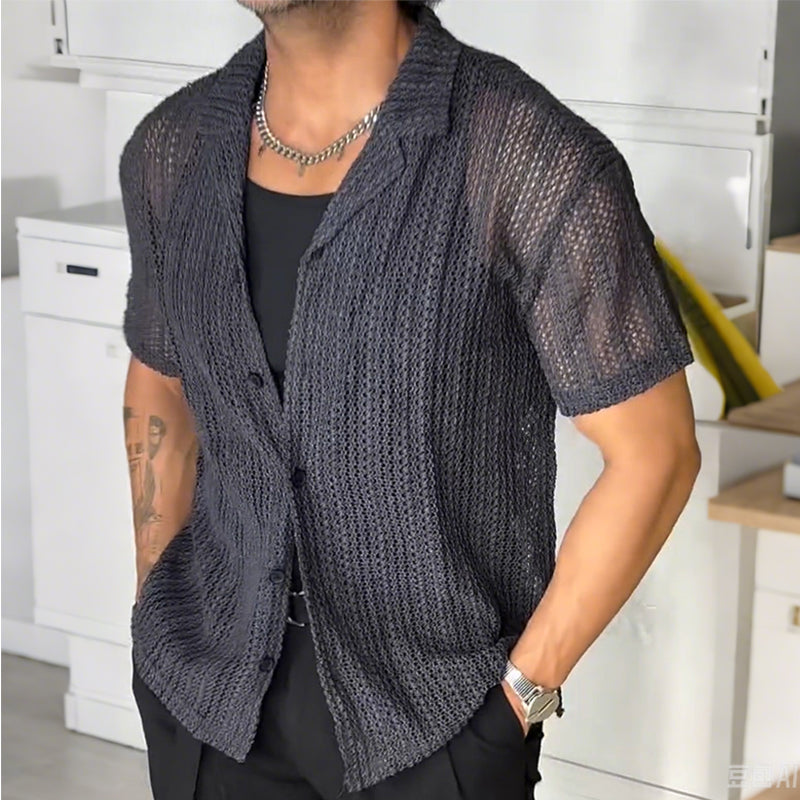 Men's Retro Casual Hollow Lapel Short Sleeve Shirt MTA1110D0TO