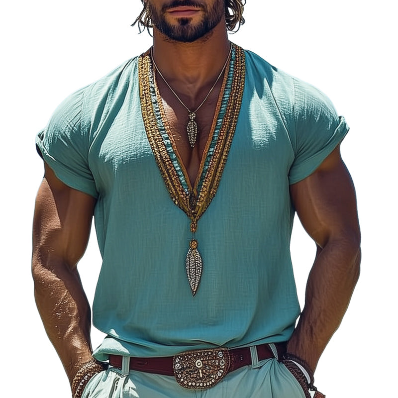 Men's Summer Breathable Cotton and Linen V-neck Embroidered T-shirt MTA0986D2U