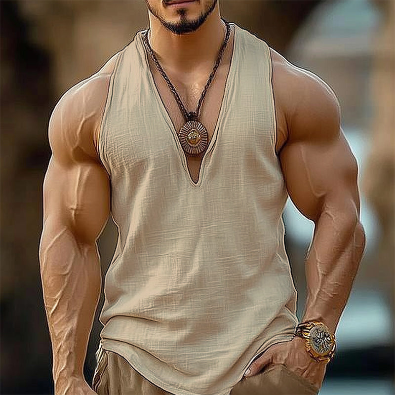 Men's Summer Basic Cotton Solid Color V-Neck Tank Top MTA1199D2U