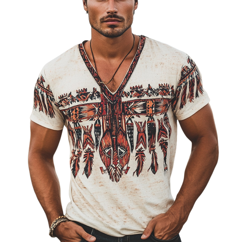 Men's Vintage Feather Short Sleeve V Neck T-Shirt MTA1178D8X