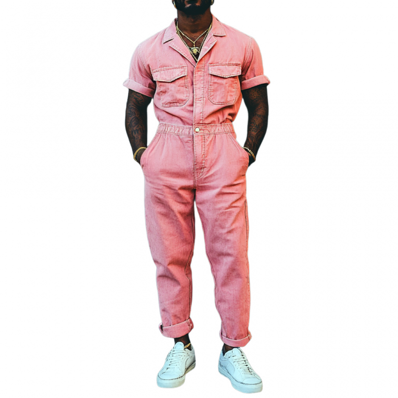 Men's Casual Denim Washed Lapel Chest Pocket Short Sleeve Slim Jumpsuit MTA1175D3M
