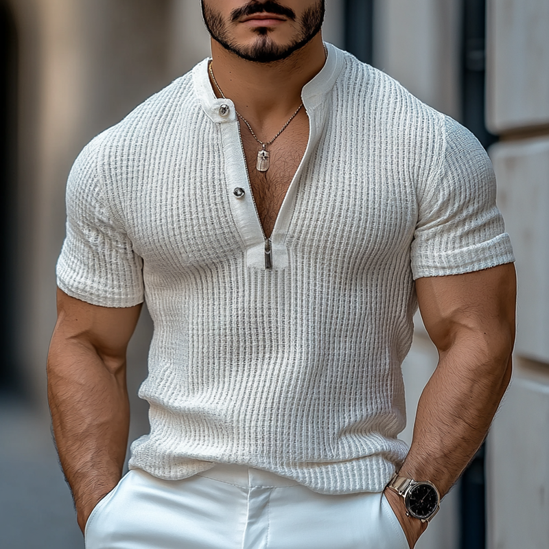 Men's Solid Knit Zipper Half Collar Short Sleeve T-shirt MTA1470D7Z