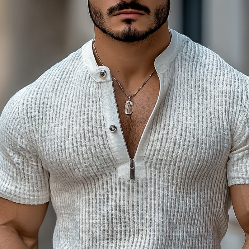 Men's Solid Knit Zipper Half Collar Short Sleeve T-shirt MTA1470D7Z
