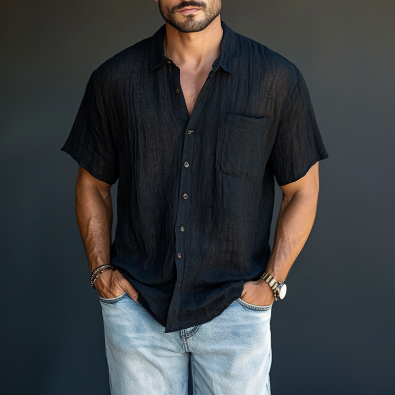 Men's Casual Breathable Comfortable Linen Lapel Loose Short Sleeve Shirt MTA0911D3M