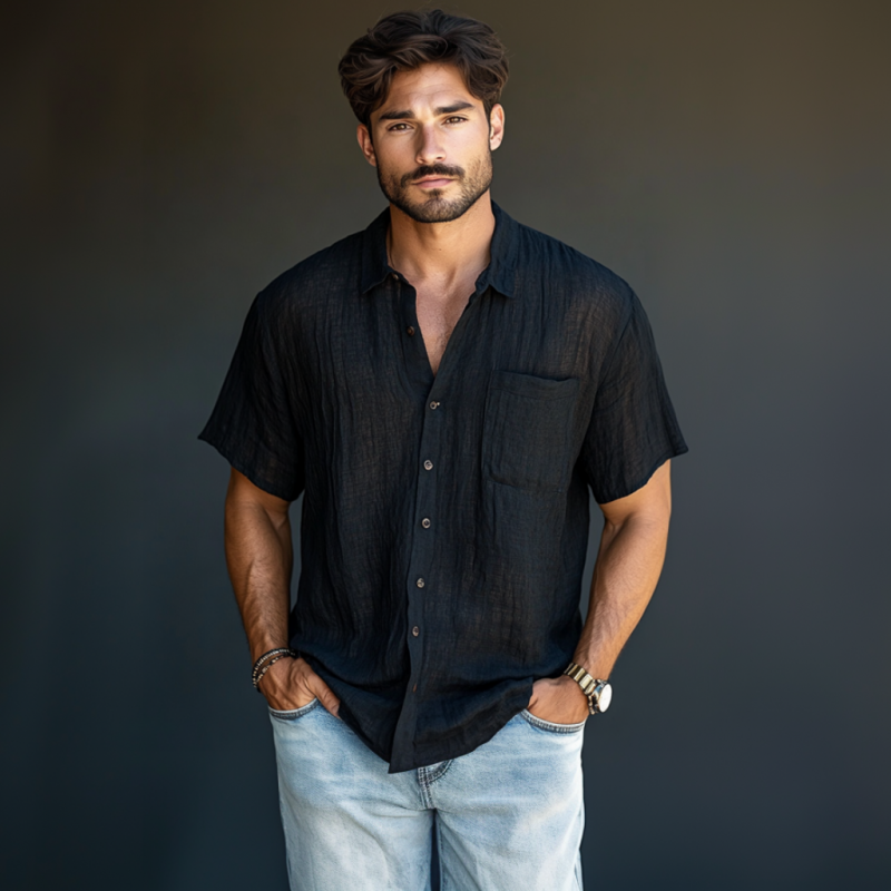 Men's Casual Breathable Comfortable Linen Lapel Loose Short Sleeve Shirt MTA0911D3M