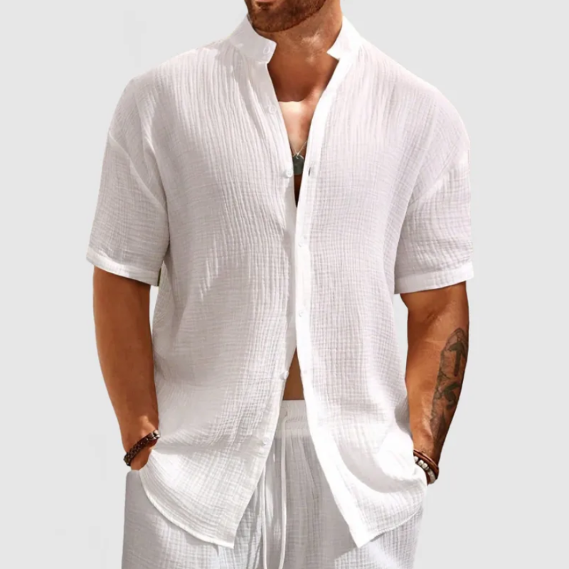 Men's Casual Stand Collar Breathable Cotton Blend Pleated Slim Fit Short Sleeve Shirt MTA1401D7M