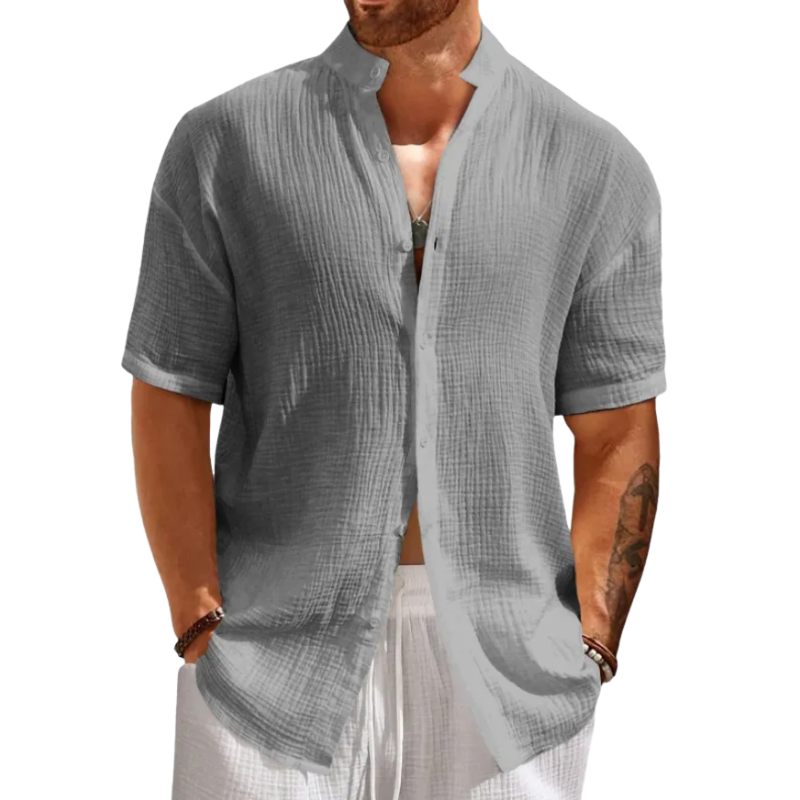 Men's Casual Stand Collar Breathable Cotton Blend Pleated Slim Fit Short Sleeve Shirt MTA1401D7M