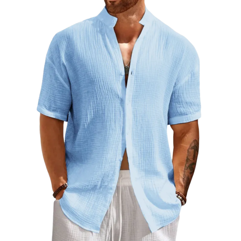 Men's Casual Stand Collar Breathable Cotton Blend Pleated Slim Fit Short Sleeve Shirt MTA1401D7M