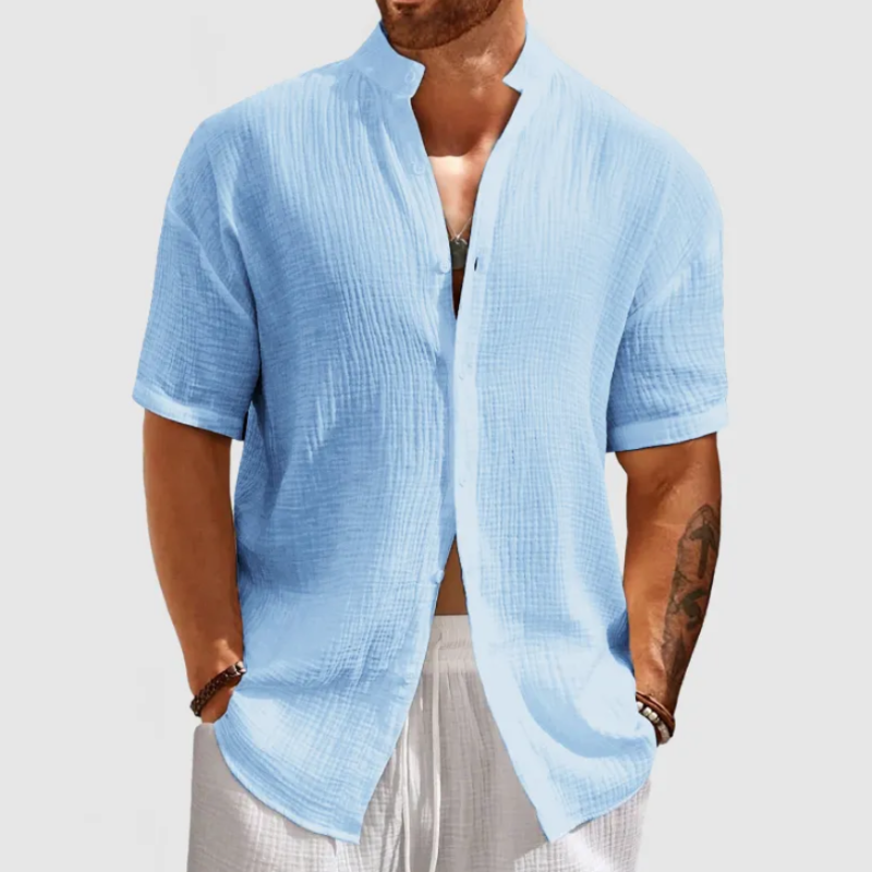 Men's Casual Stand Collar Breathable Cotton Blend Pleated Slim Fit Short Sleeve Shirt MTA1401D7M