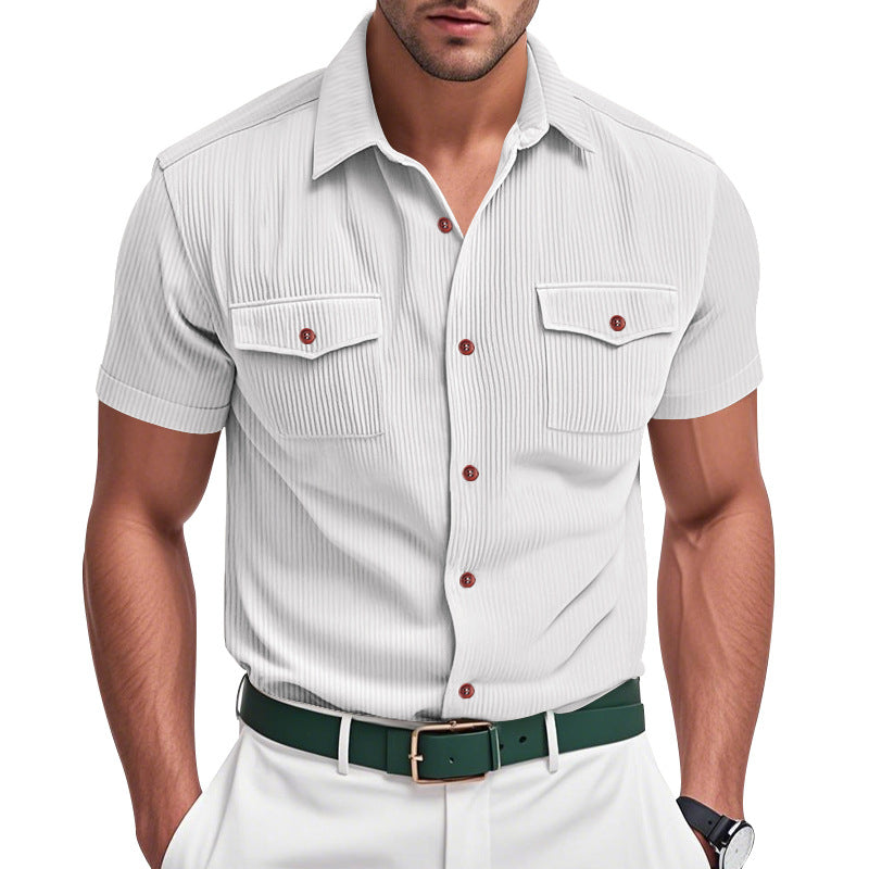 Men's Corduroy Solid Color Multi-Pocket Short Sleeve Shirt MTA1472D7X