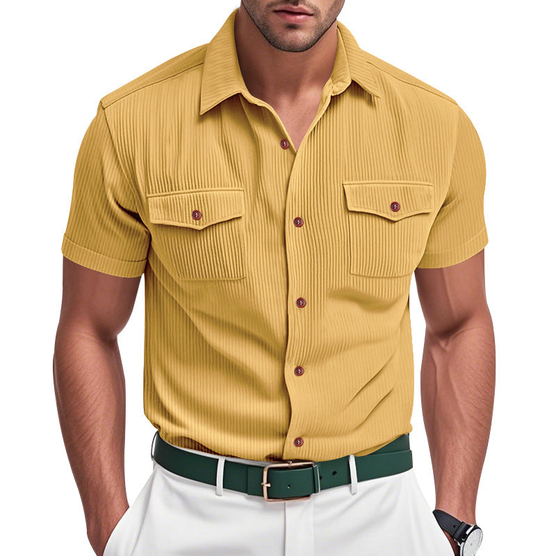 Men's Corduroy Solid Color Multi-Pocket Short Sleeve Shirt MTA1472D7X