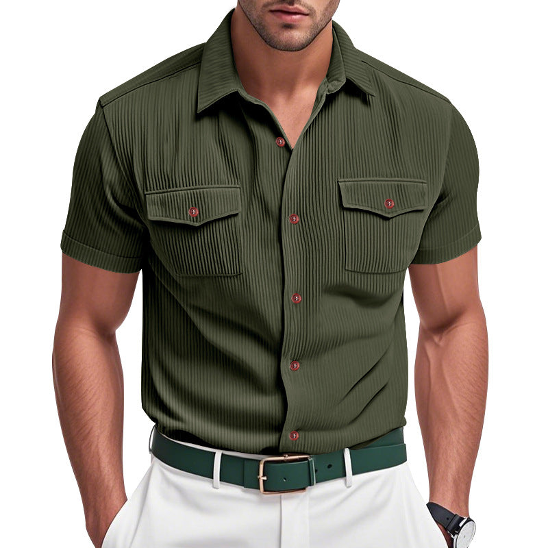 Men's Corduroy Solid Color Multi-Pocket Short Sleeve Shirt MTA1472D7X