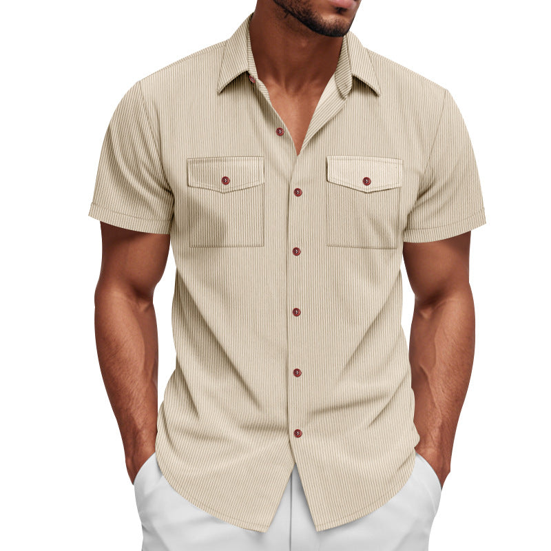 Men's Corduroy Solid Color Multi-Pocket Short Sleeve Shirt MTA1472D7X