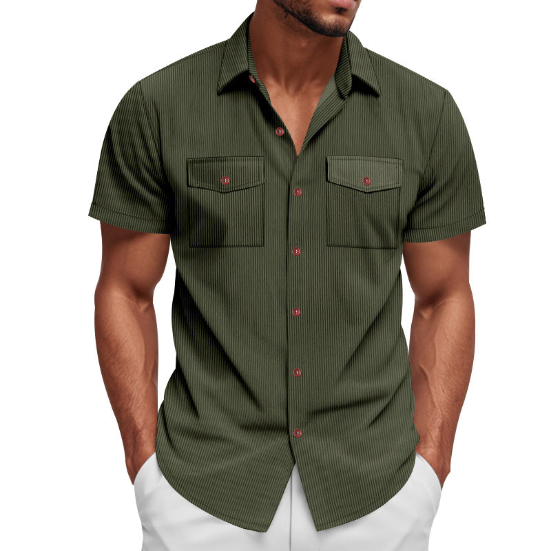 Men's Corduroy Solid Color Multi-Pocket Short Sleeve Shirt MTA1472D7X