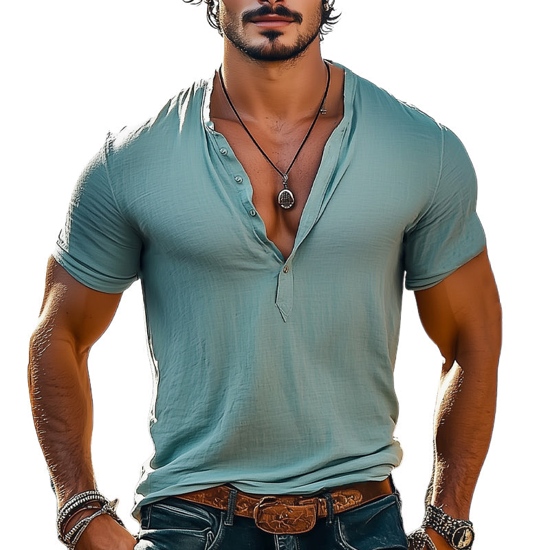 Men's Summer V-neck Cotton Solid Color Short Sleeve T-shirt MTA1560D4U