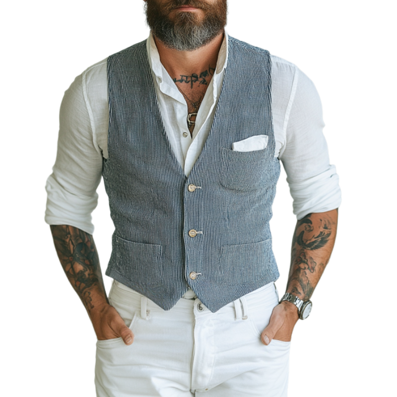 Men's Casual Cotton Blended Striped V-Neck Single-Breasted Slim Fit Suit Vest MTA1483D1M