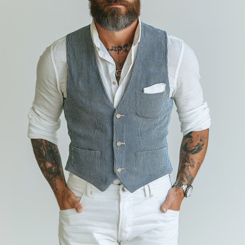 Men's Casual Cotton Blended Striped V-Neck Single-Breasted Slim Fit Suit Vest MTA1483D1M