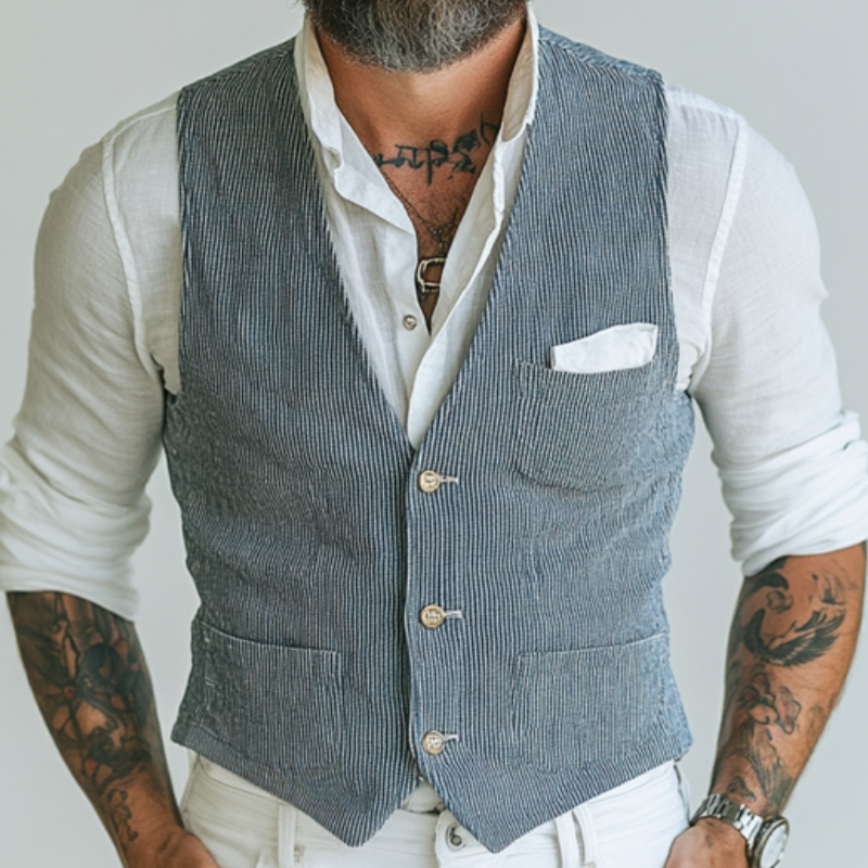 Men's Casual Cotton Blended Striped V-Neck Single-Breasted Slim Fit Suit Vest MTA1483D1M