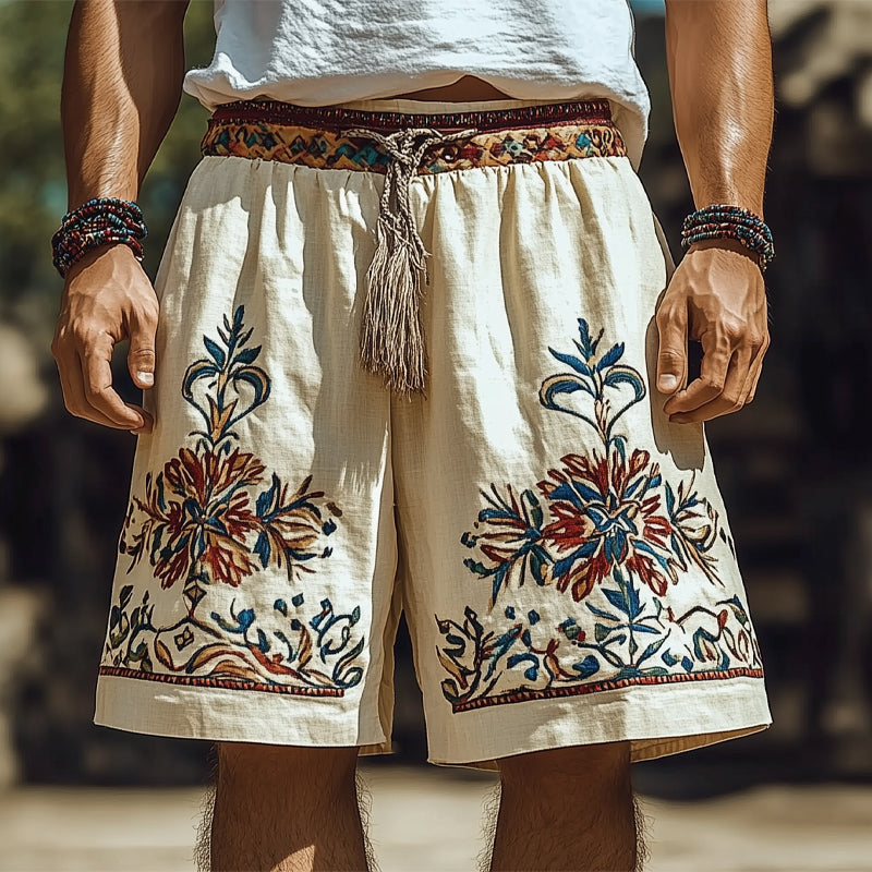 Men's Summer Retro Embroidered Cotton and Linen Loose Shorts MTA1534D6U