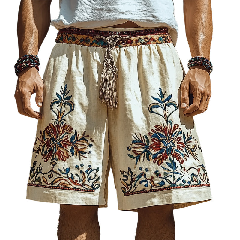 Men's Summer Retro Embroidered Cotton and Linen Loose Shorts MTA1534D6U