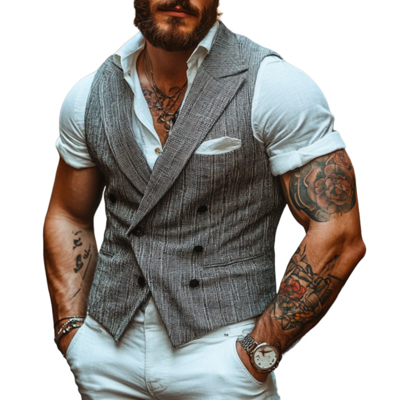 Men's Casual Cotton Blend Peaked Lapel Double-Breasted Slim-Fit Suit Vest MTA1451D6M