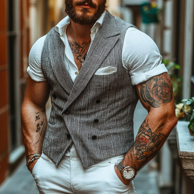 Men's Casual Cotton Blend Peaked Lapel Double-Breasted Slim-Fit Suit Vest MTA1451D6M