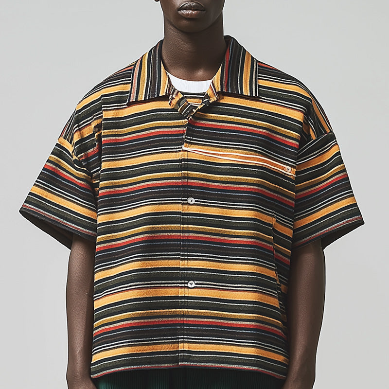 Men's Summer Fashion Striped Print Loose Short Sleeve Shirt MTA1509D5P