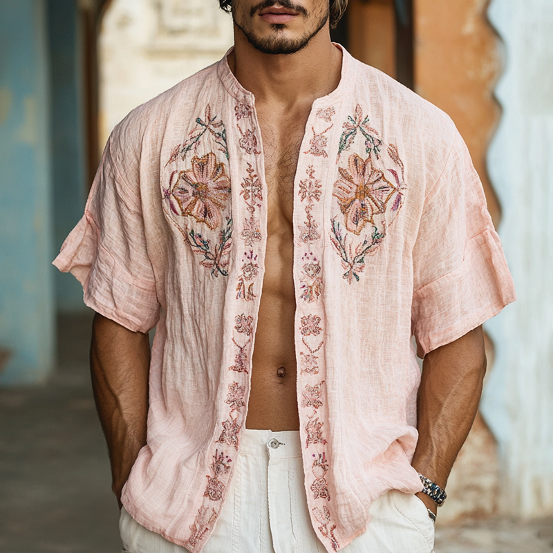 Men's Ethnic Style Embroidered Round Neck Short Sleeve Cotton And Linen Cardigan Shirt MTA1585D3Z