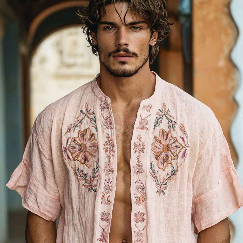 Men's Ethnic Style Embroidered Round Neck Short Sleeve Cotton And Linen Cardigan Shirt MTA1585D3Z