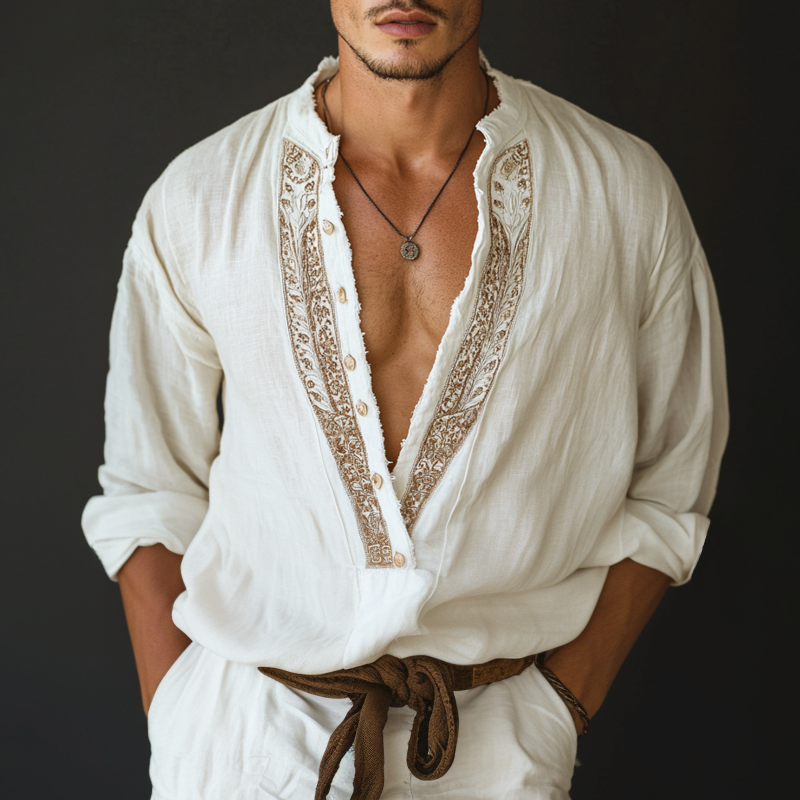 Men's Ethnic Style Embroidered V Neck Long Sleeve Cotton And Linen Shirt MTA1571D8Z