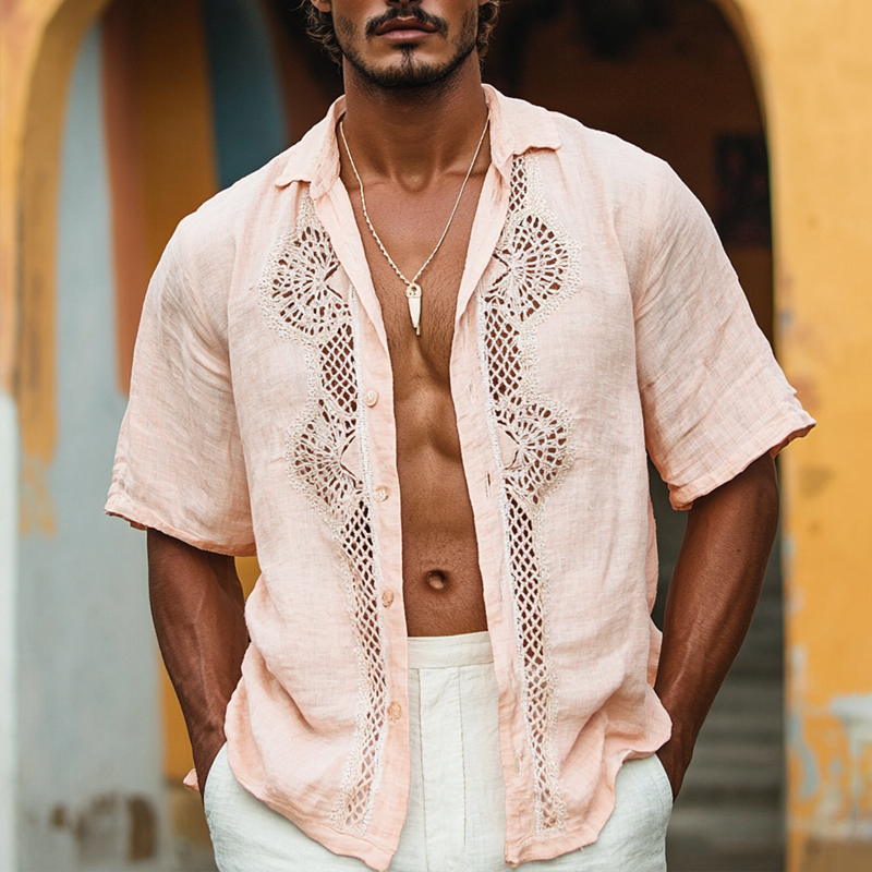 Men's Ethnic Style Lace Stitching Lapel Short Sleeve Cotton And Linen Shirt MTA1594D9Z